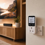Smart Energy Monitor Plug installed in a living room next to a TV console